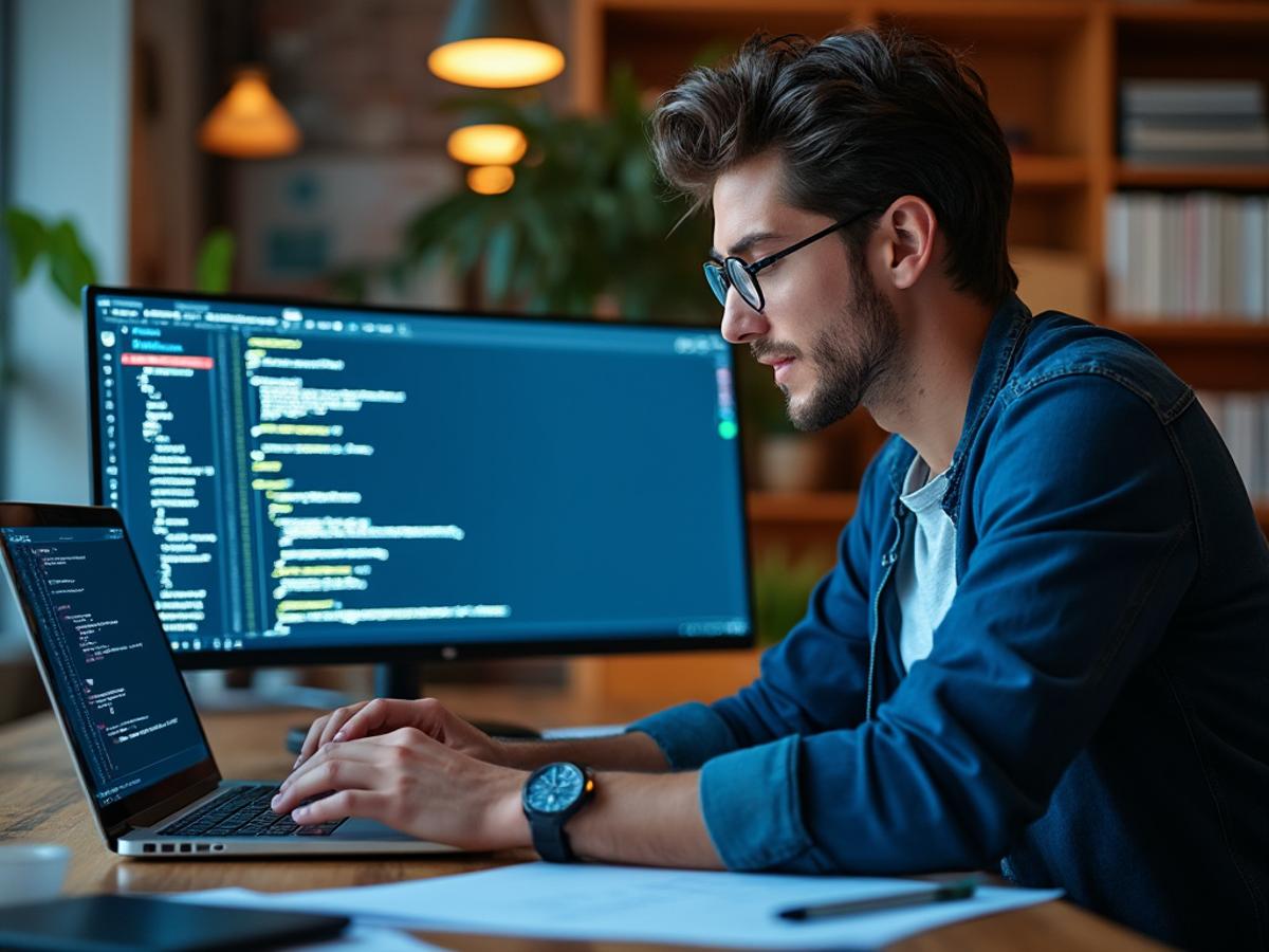 Developer learning AI/ML. Laptop displaying code, textbooks on desk. Bright, focused, determined expression. Natural lighting, warm colors.