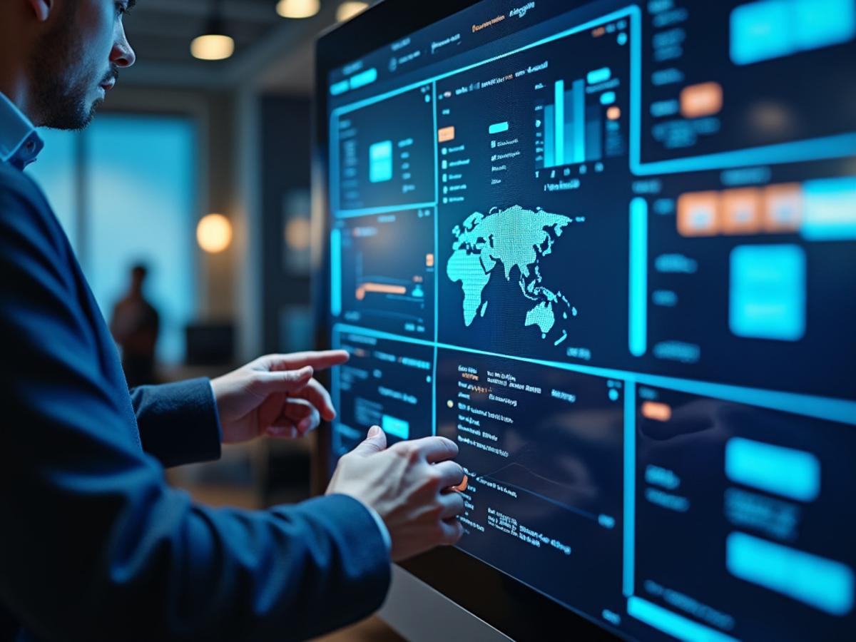 Developer using AI tools for project management. Kanban board with AI insights. Collaborative, productive atmosphere. Modern office setting.