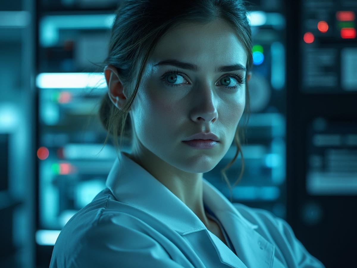 AI research lab, scientists collaborating. One researcher looks concerned, a shadow over their face. Realistic, slightly desaturated.