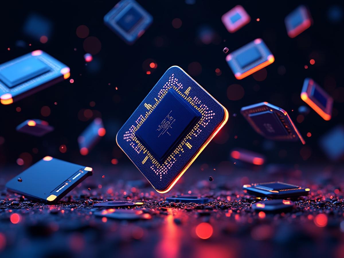 Domino effect: AI chips falling, disrupting global supply chains. Dark background, vibrant chip colors. Graphic illustration.