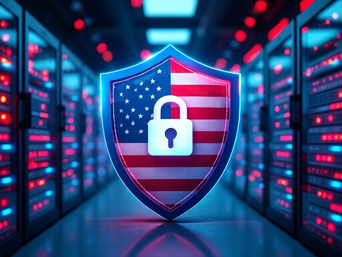 Stylized image: A shield protecting a server farm. Security icons, patriotic colors. Digital art, heroic perspective.