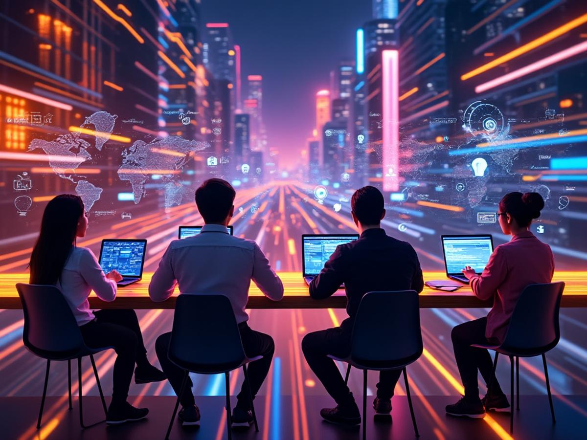 This image will visually represent the concept of developers working with AI in a futuristic setting, emphasizing collaboration and innovation.