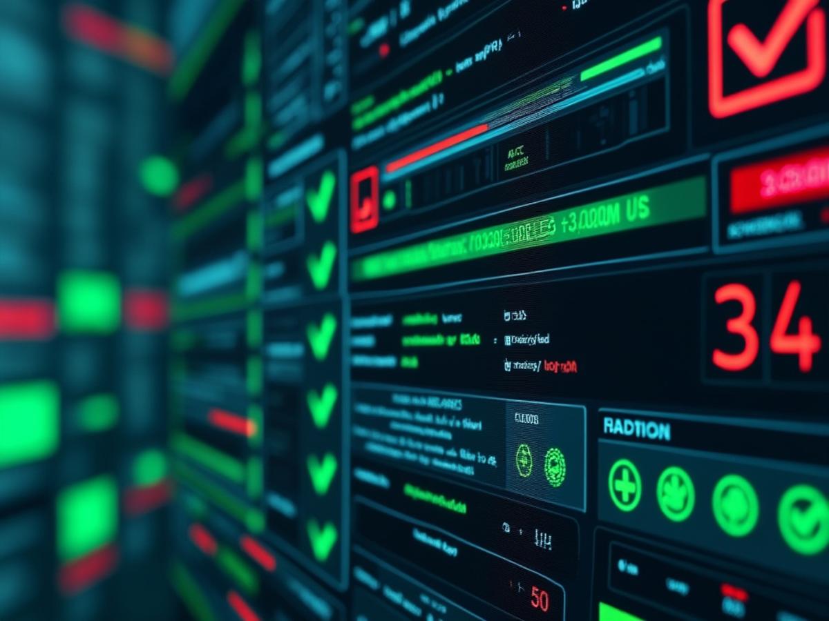 Automated testing interface with green checkmarks and red error symbols. Focus on clarity and professional design.
