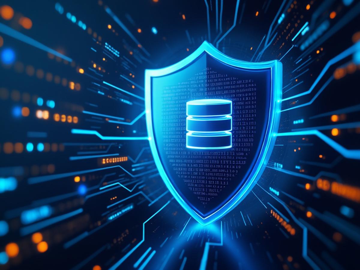 Database icon with a shield around it, data streams flowing in and out. Secure data transfer concept, professional style.
