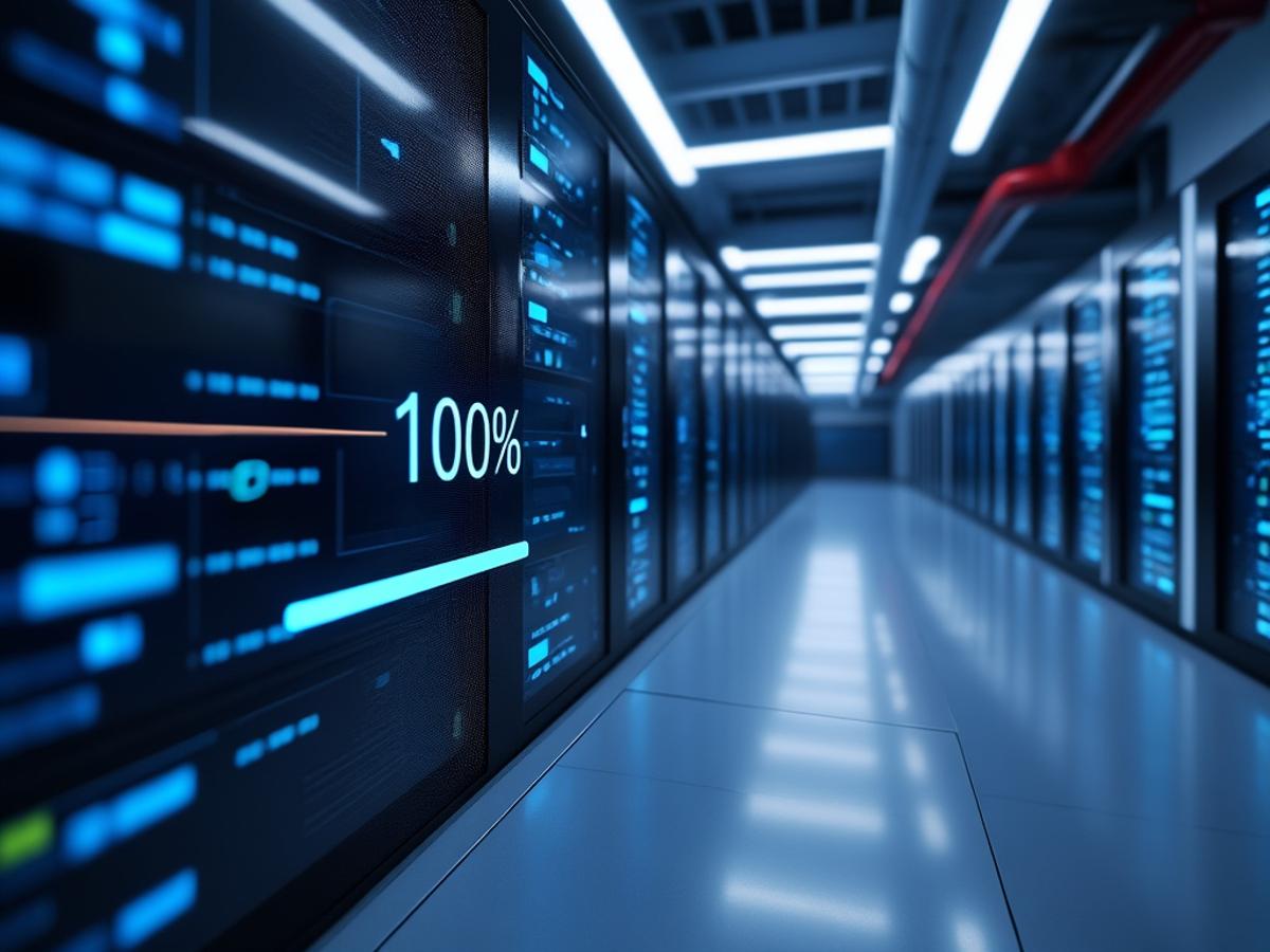 Website being deployed to a server. Progress bar at 100%. Clean, modern server room environment.