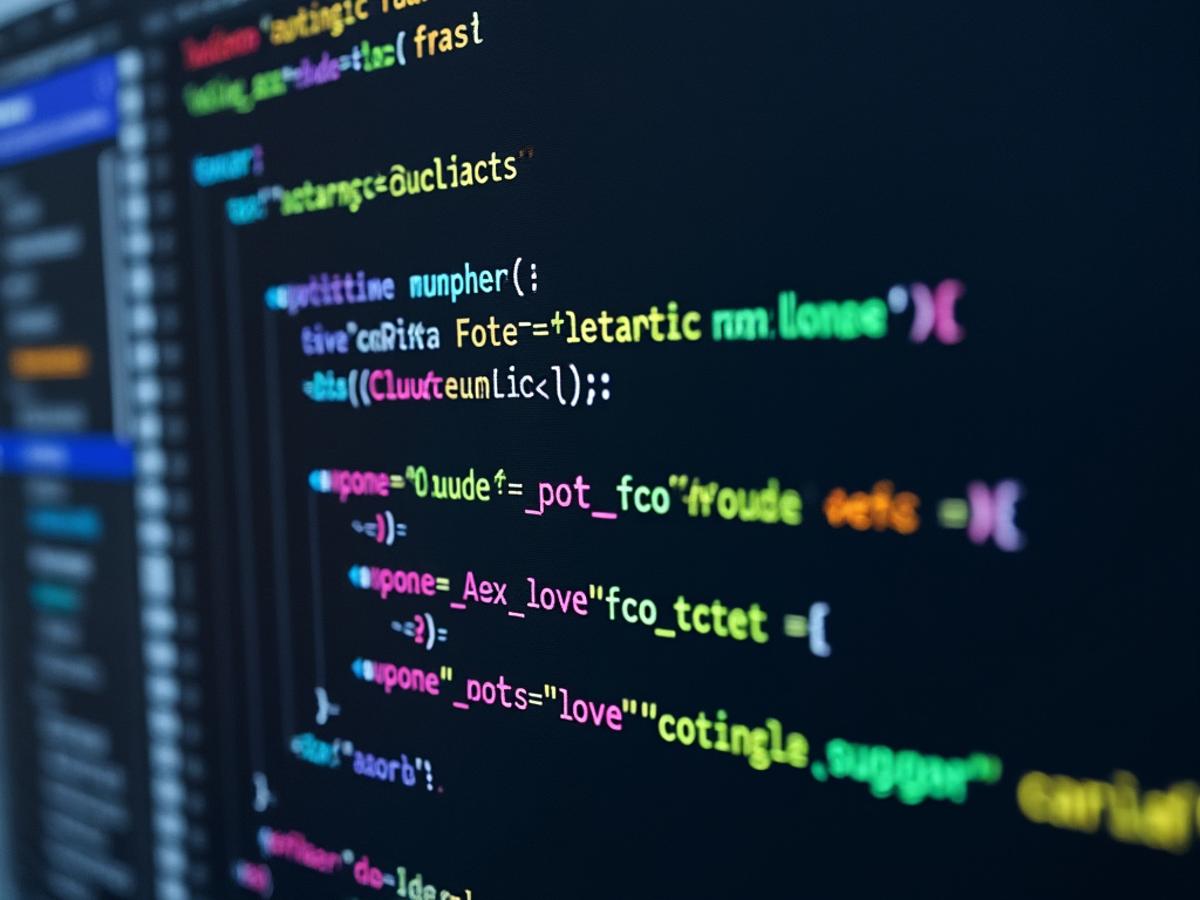 Code editor interface with Claude AI assistant highlighting code suggestions. Clean, modern UI, dark theme. Focus on code clarity.
