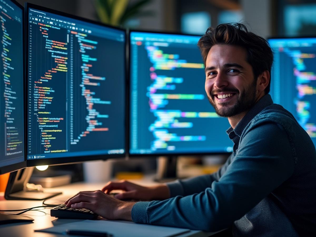 Developer smiling, working at a clean desk. Multiple screens showing organized code repositories. Positive, productive atmosphere.