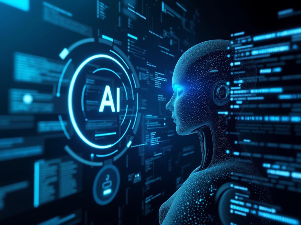 Futuristic interface showing AI managing complex code structures. Holographic display, abstract code visualization, clean design.