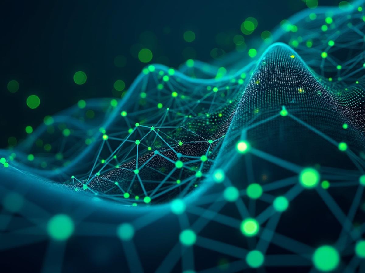 Neural network diagram, interconnected nodes, deep learning algorithms, abstract representation of AI, tech-focused, blue and green hues.