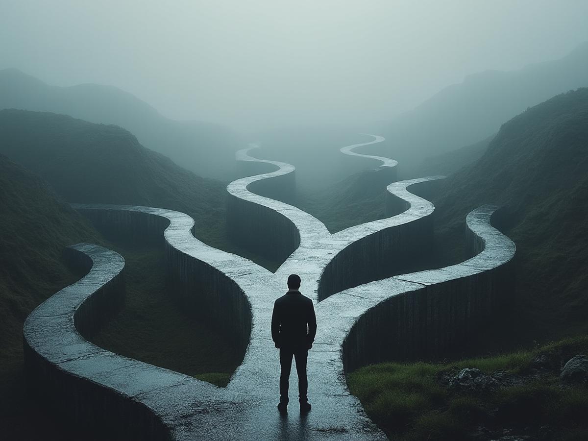 This image visually represents the concept of choosing a path in life and the uncertainty that often accompanies it.