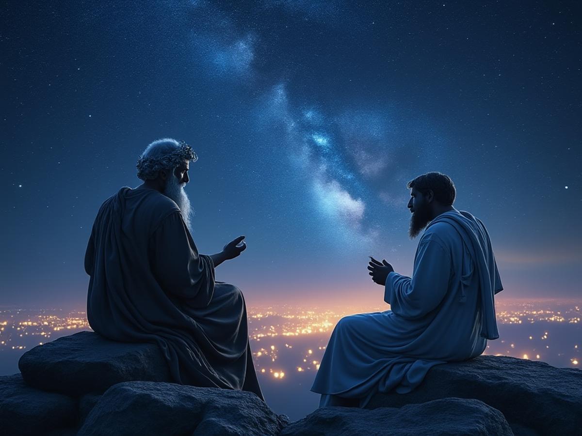 Ancient Greek philosophers pondering AI ethics under a starry sky, digital art, dramatic lighting.