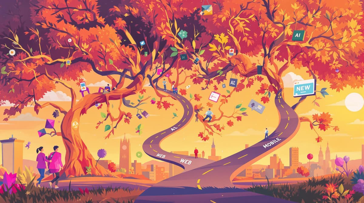 A branching path, each branch labeled with a different development niche (e.g., AI, Web, Mobile). Bright, inviting, cartoon style.