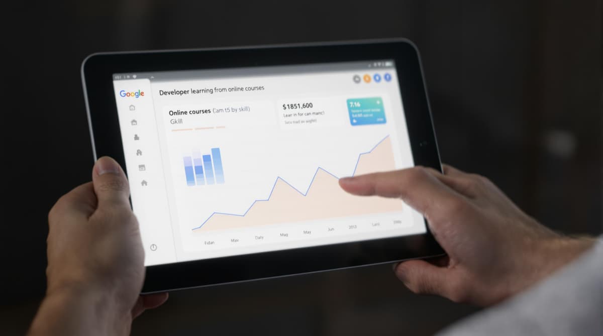 A developer learning from online courses on a tablet, with a graph showing skill growth. Modern, clean, and informative.