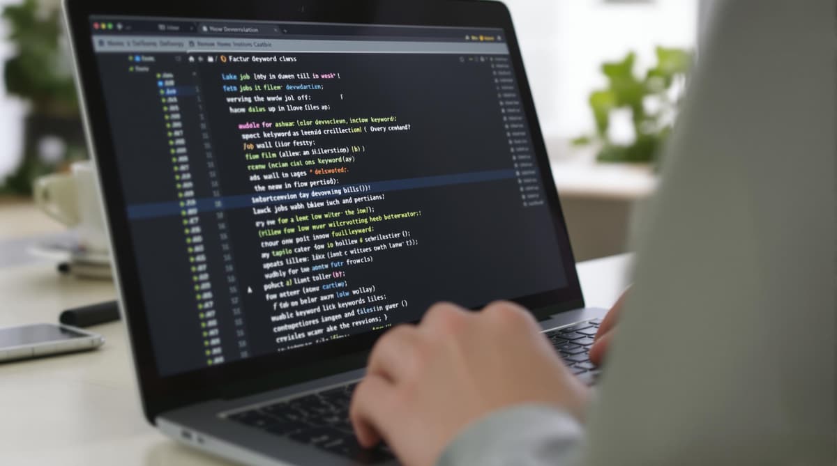 A developer reviewing job postings on a laptop, highlighting keywords. Clean, focused, and professional setting.