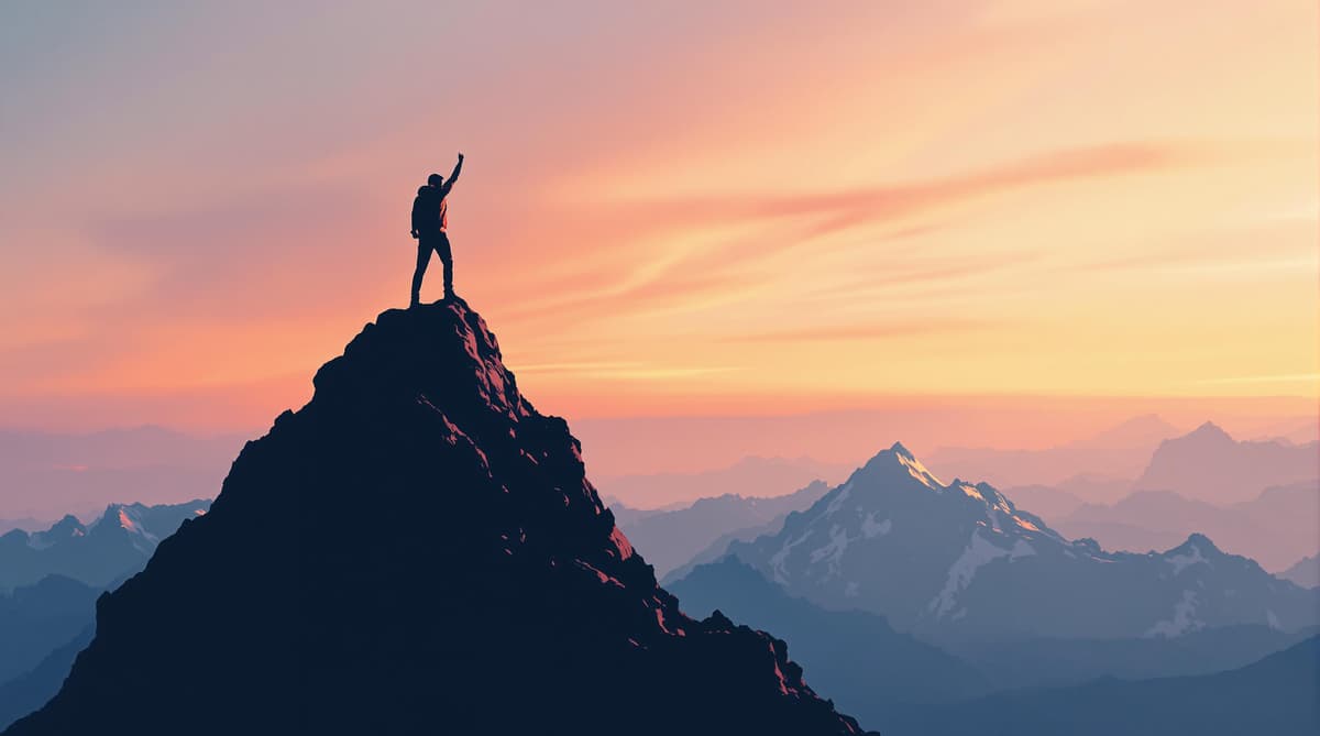 A developer silhouette reaching the top of a mountain, symbolizing career success. Motivational, inspiring, and clean design.