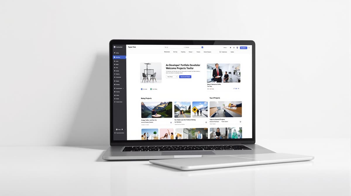 A developer's portfolio website displayed on a laptop, showcasing various projects. Clean, professional, and visually appealing.