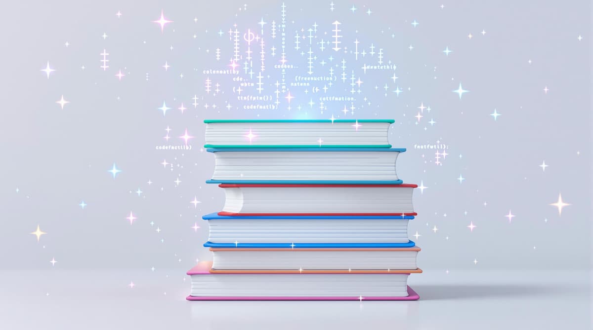 A stack of coding books forming a solid foundation, with glowing code snippets emanating from them. Clean, modern design.