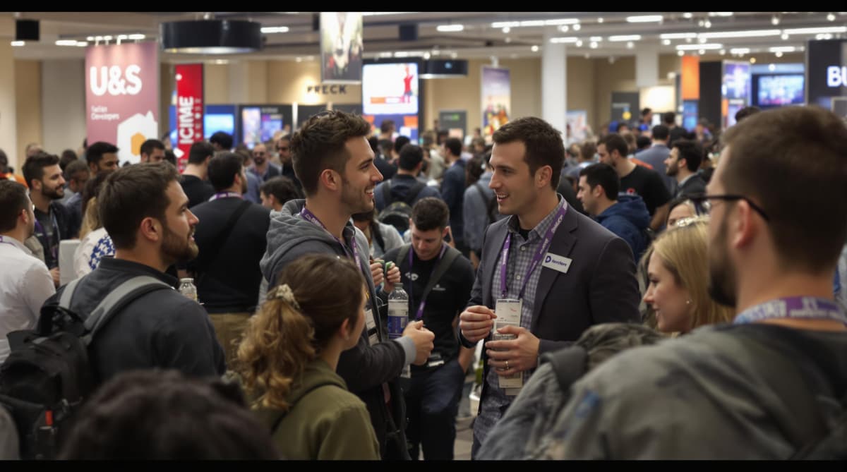 Developers at a tech conference, networking and engaging in conversations. Bright, energetic, and diverse group.