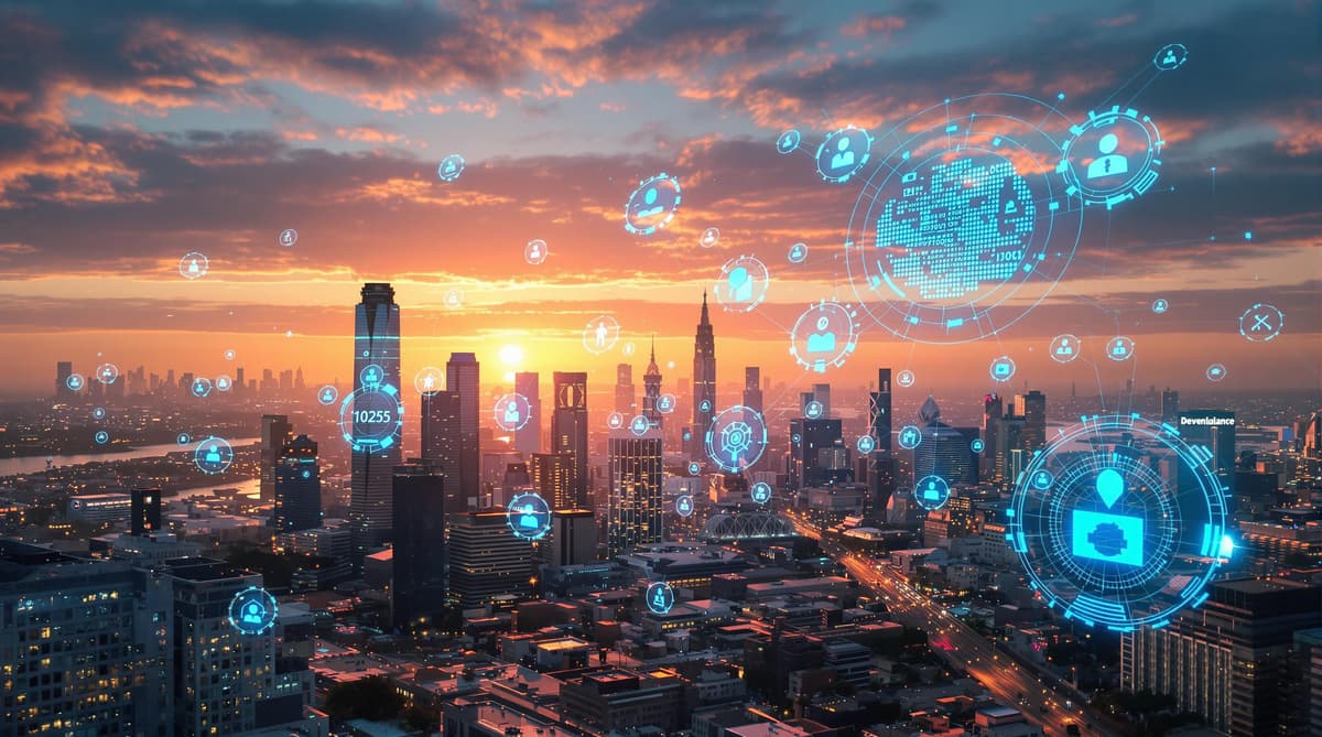 Futuristic cityscape at dawn, holographic developer icons floating, representing the tech job landscape in 2025. Clean, professional style.