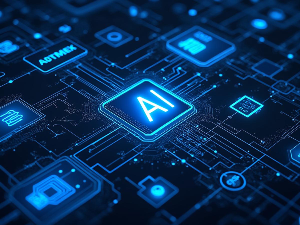 Blueprint of a complex AI system. Focus on interconnected modules, data pathways, and control flow. Technical illustration.