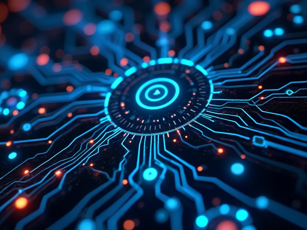 Close-up of interconnected digital nodes, representing key technologies. Focus on data transfer and processing. Cyberpunk style.