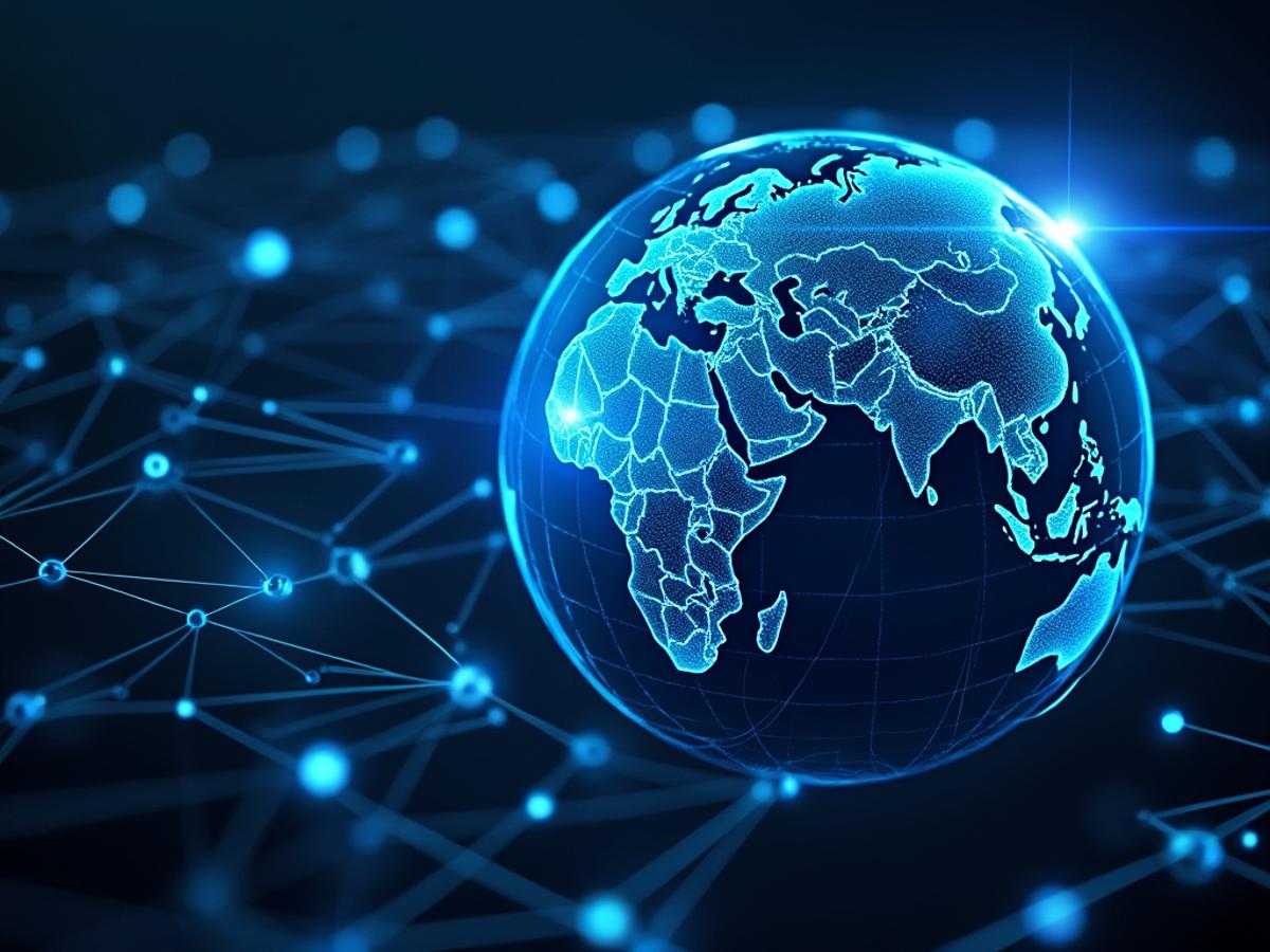 Global network of interconnected standards bodies working on AI protocols. Focus on collaboration and open-source development. Digital globe.