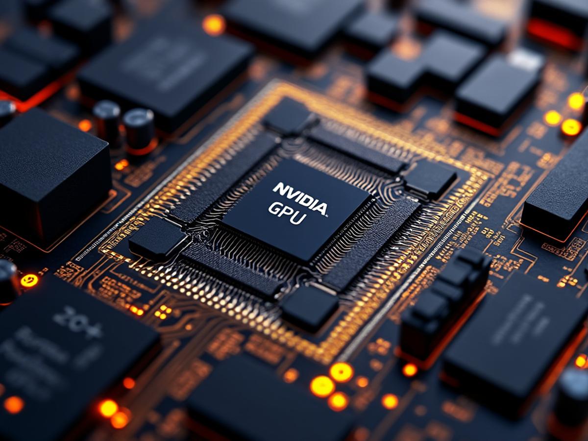 Detailed silicon die shot of an NVIDIA GPU, showcasing intricate architecture. High resolution, macro lens, clean studio lighting.