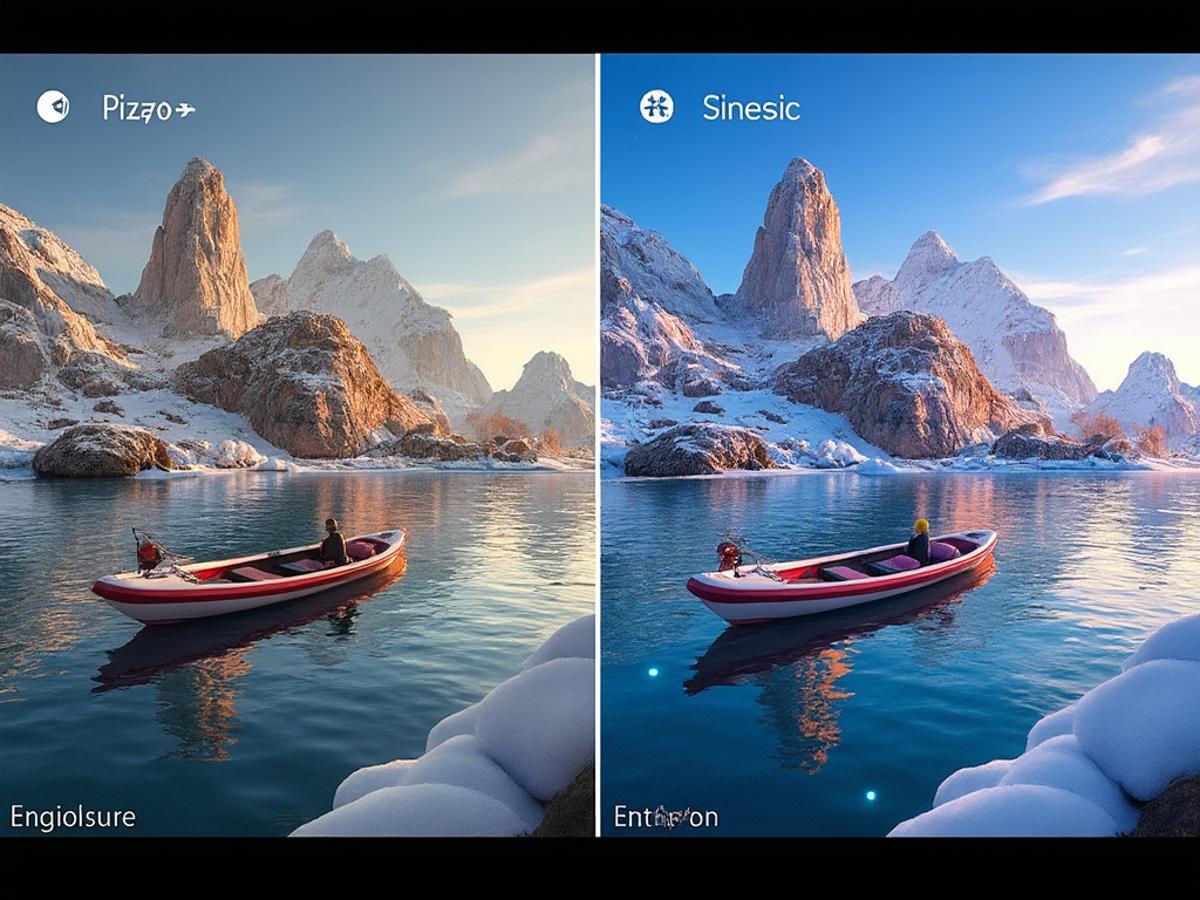 Gaming scene showcasing ray tracing effects (left) vs. standard rendering (right). Clear visual contrast, high detail, realistic lighting.