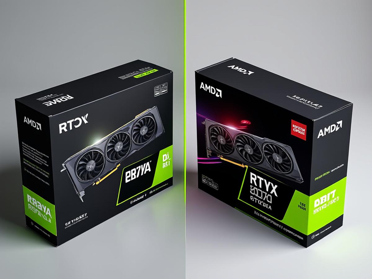 Split image: RTX 5070 box on one side, AMD GPU box on the other. Price tags subtly displayed. Clean product shot, neutral background.