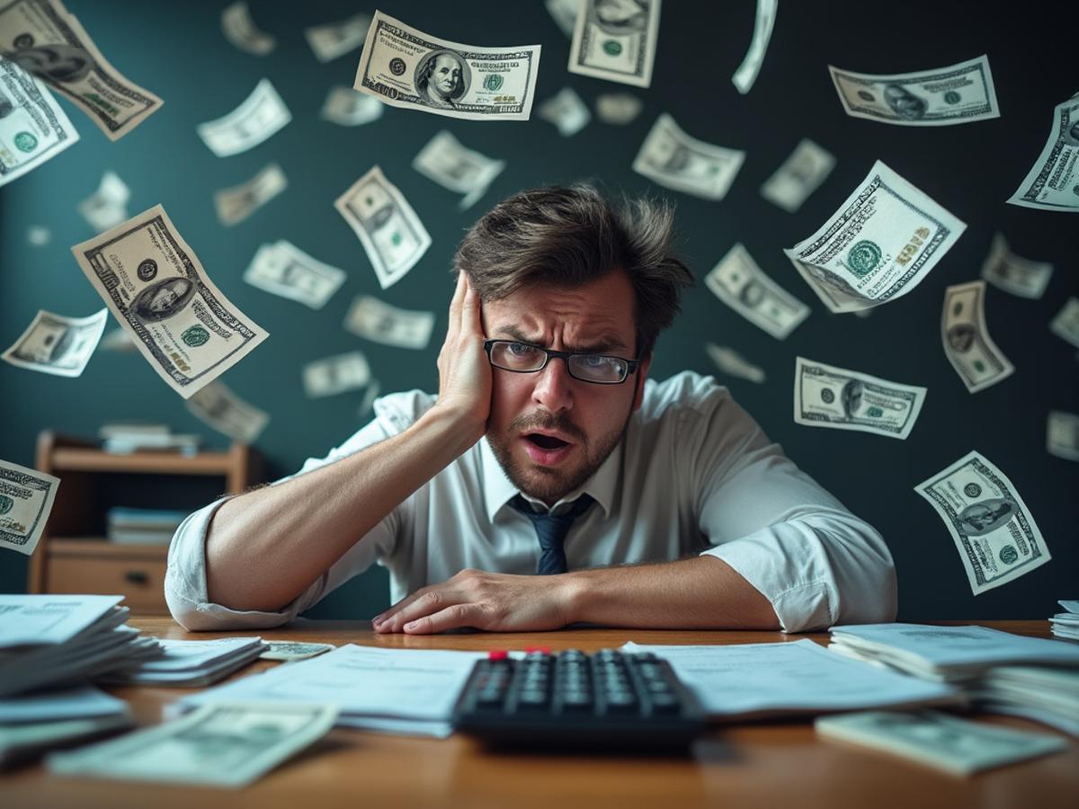 Overwhelmed accountant surrounded by stacks of bills. Red ink, calculator. Financial distress. Realistic, slightly exaggerated.