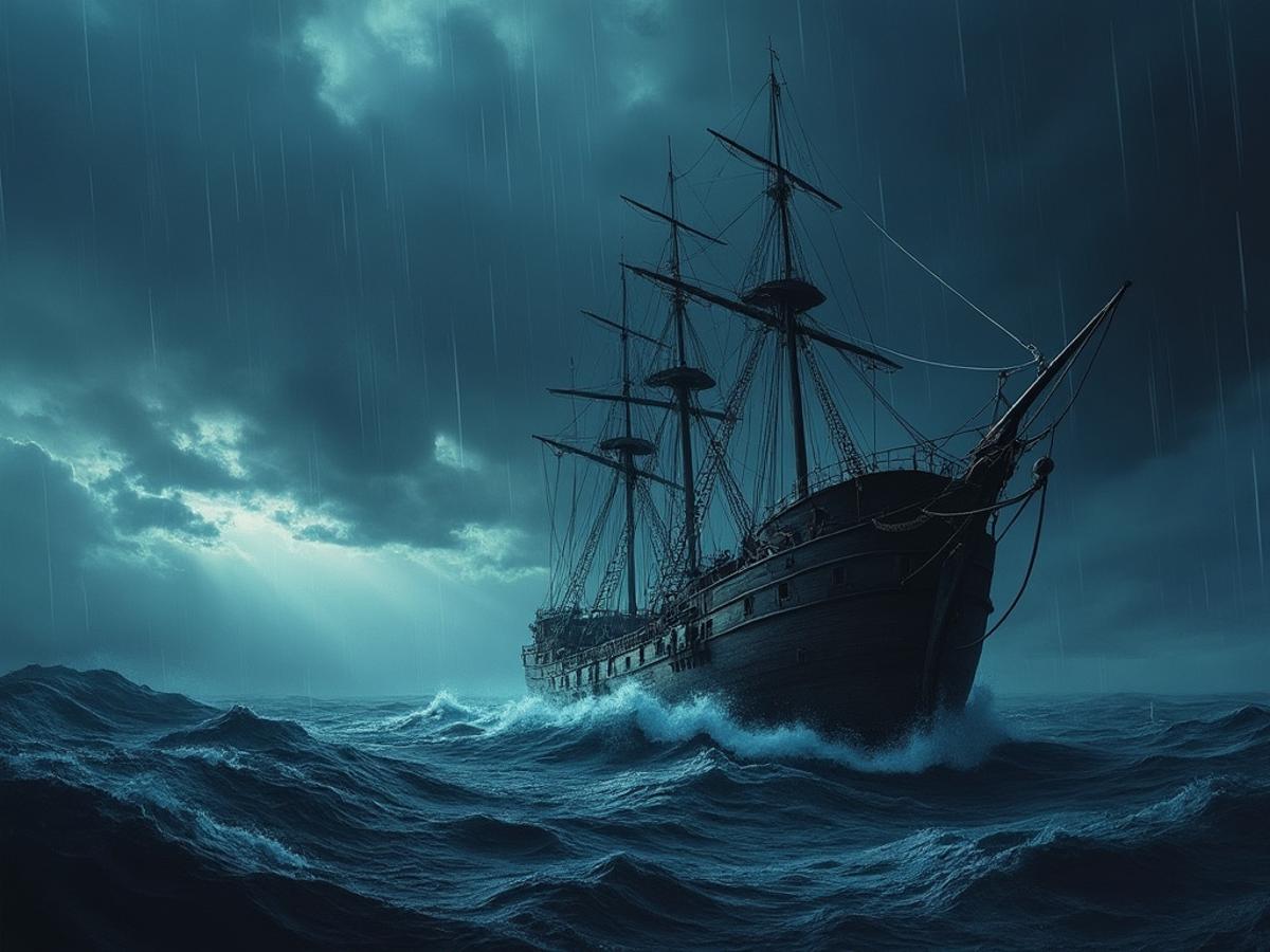 Ship without a rudder, lost at sea. Stormy weather. Metaphor for lack of direction. Illustrative, dramatic lighting.