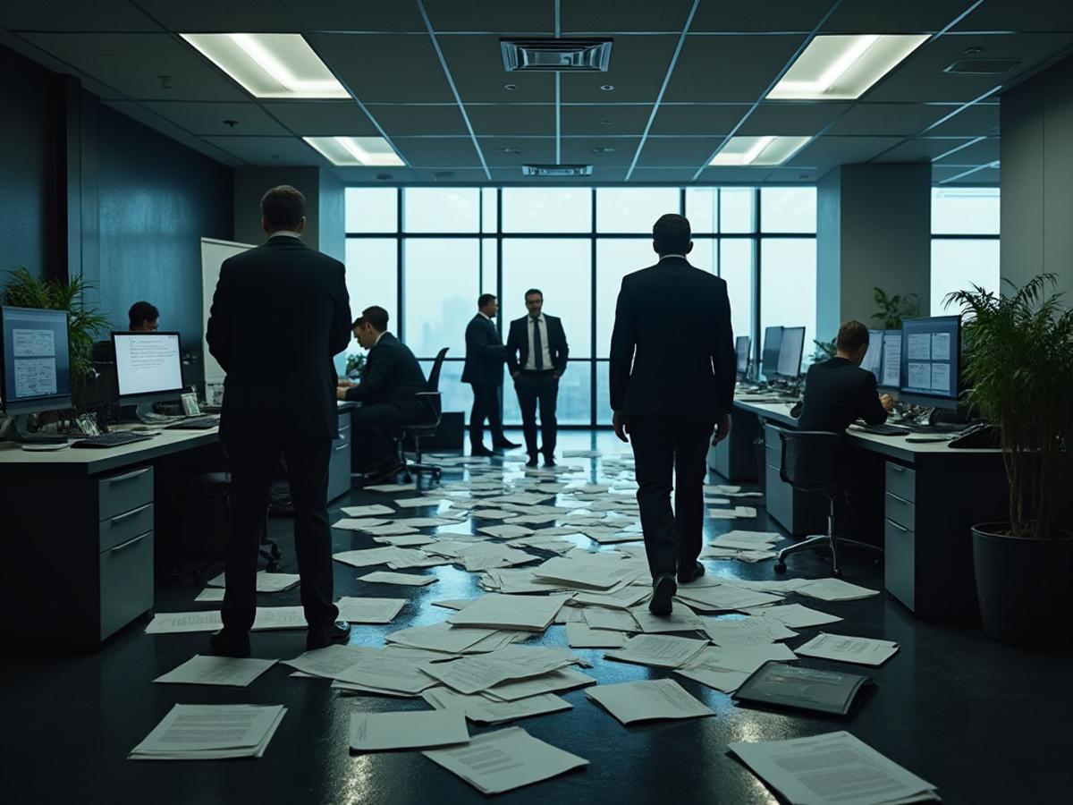 Startup office raided by authorities. Legal documents scattered. Represents legal oversight. Realistic, dramatic.
