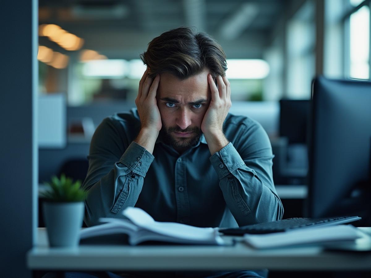 Frustrated tech worker staring at computer screen in a gray cubicle. Overworked, stressed. Corporate environment. Realistic, desaturated colors.