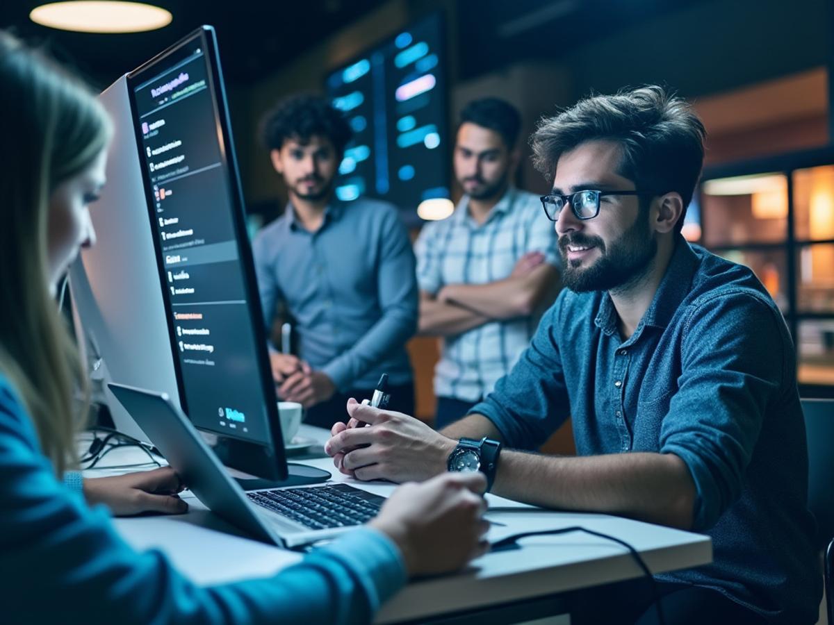 Online forum interface showcasing tech professionals sharing advice and resources. Supportive community. Clean, modern design.
