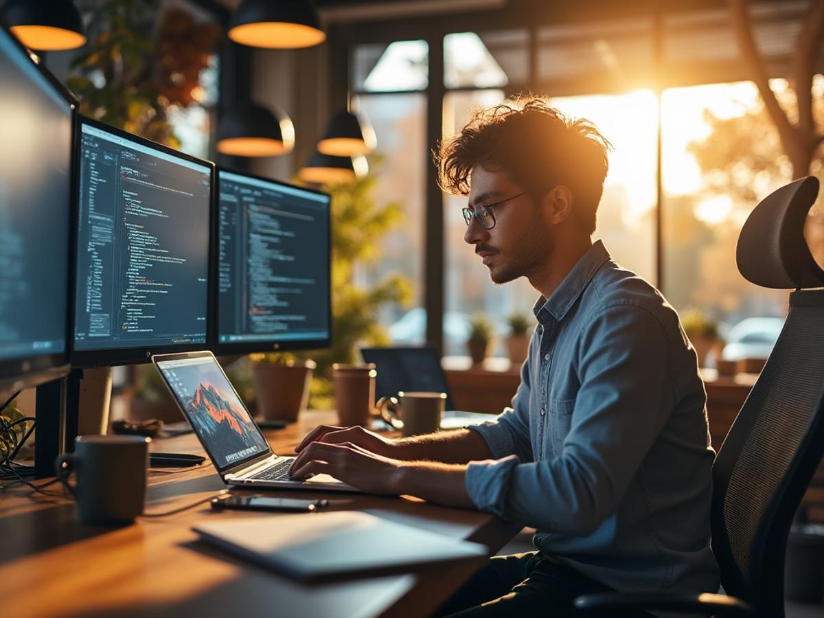 Tech freelancer working on a laptop at a sunny co-working space. Multiple screens, relaxed posture, collaborative environment. Modern, bright.