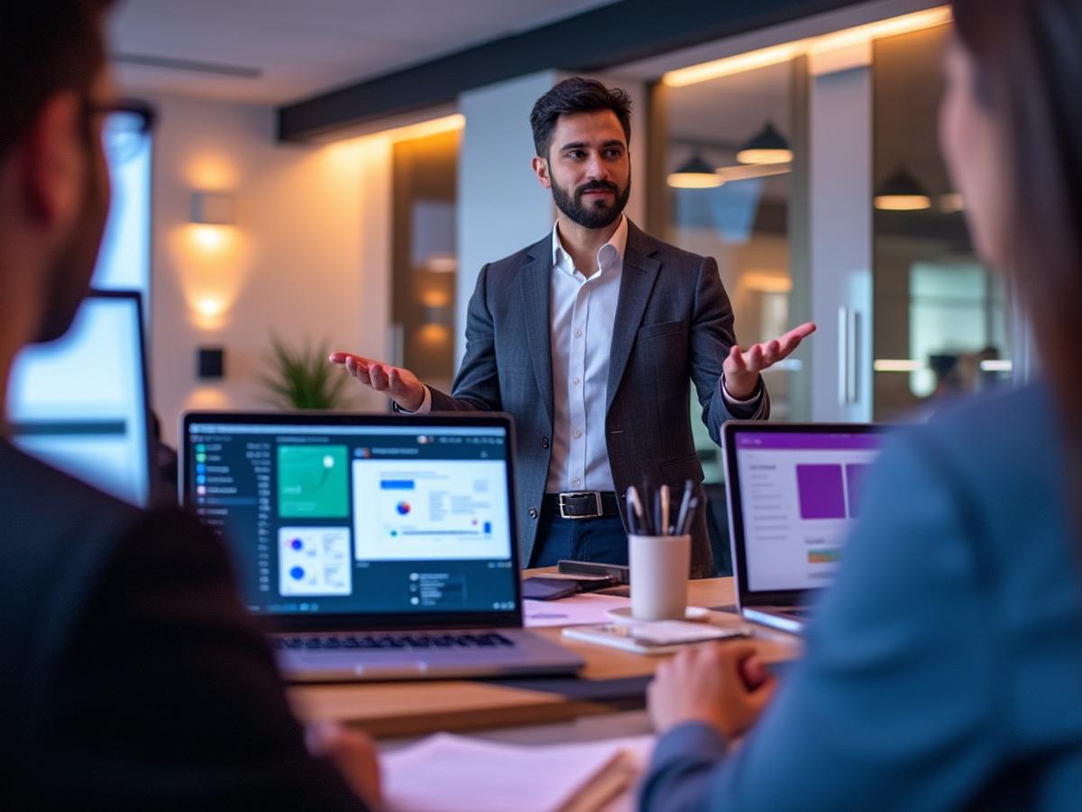 Tech professional confidently presenting a project to a client. Modern office, collaborative atmosphere. Professional, vibrant colors.