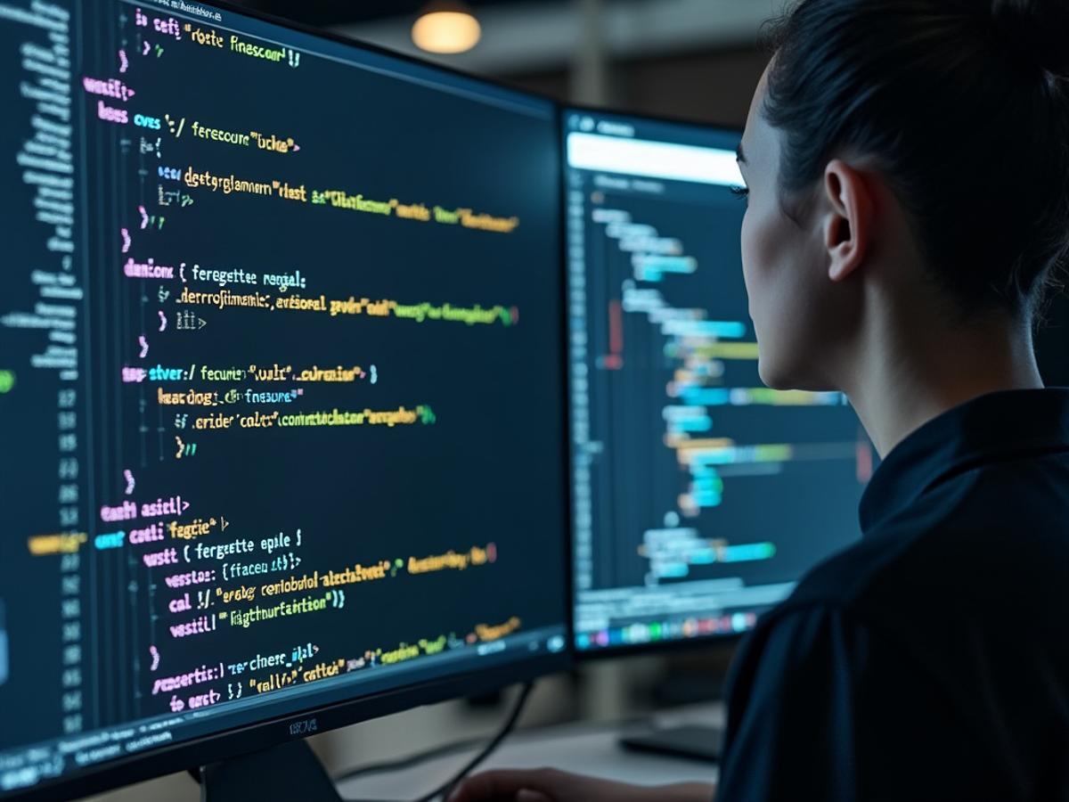 Code editor with AI assistant suggesting code snippets based on desired 'vibe' (e.g., 'calm', 'energetic'). Minimalist, professional.