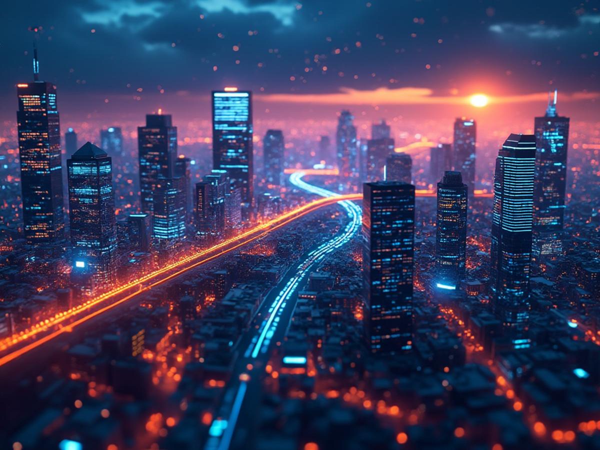 Futuristic cityscape with holographic code projections adapting to the emotional state of the city's inhabitants. Optimistic, vibrant.