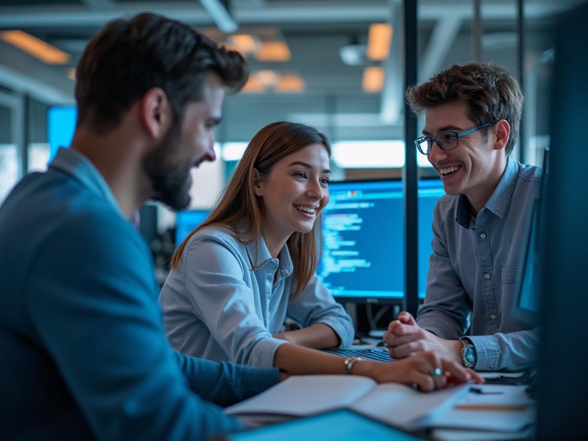 Software development team collaborating, AI providing emotional feedback on their code. Positive, collaborative atmosphere.