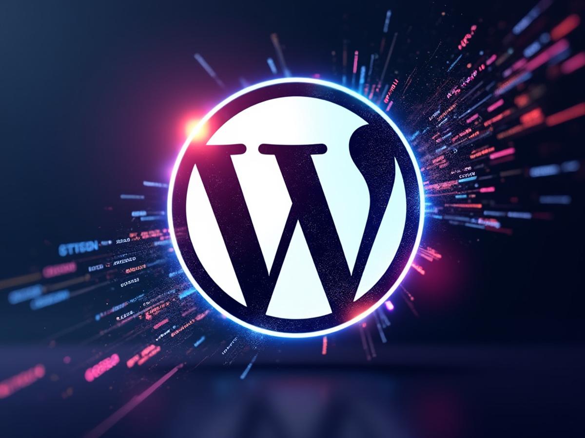 A WordPress logo transforming into a modern, adaptable shape. Code snippets and design elements swirling around it. Gradient colors.