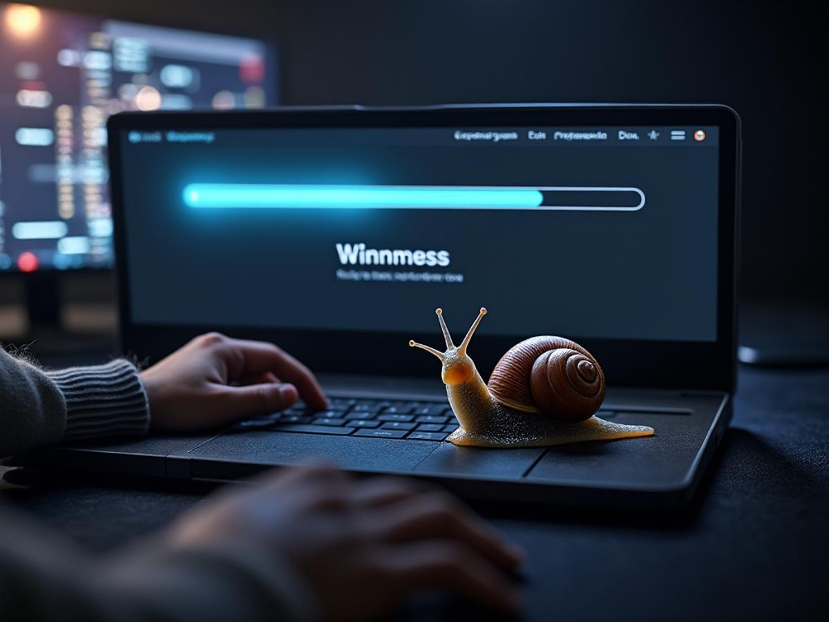A WordPress website loading slowly, represented by a snail on a computer screen. Frustrated user in the background. Dark, moody lighting.