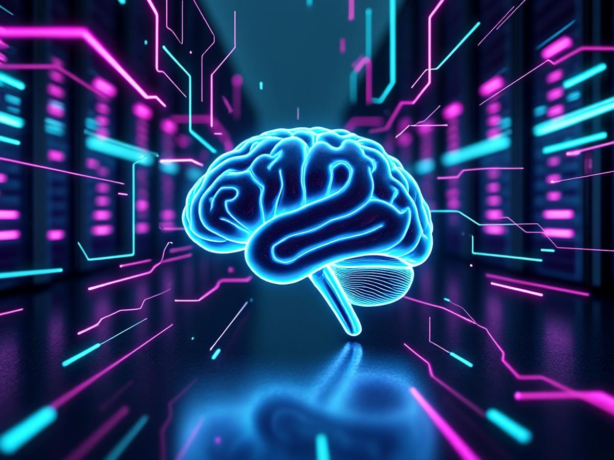 Abstract server rack with a brain-shaped circuit board. Headless CMS concept. Clean, modern design. Teal and purple color scheme.