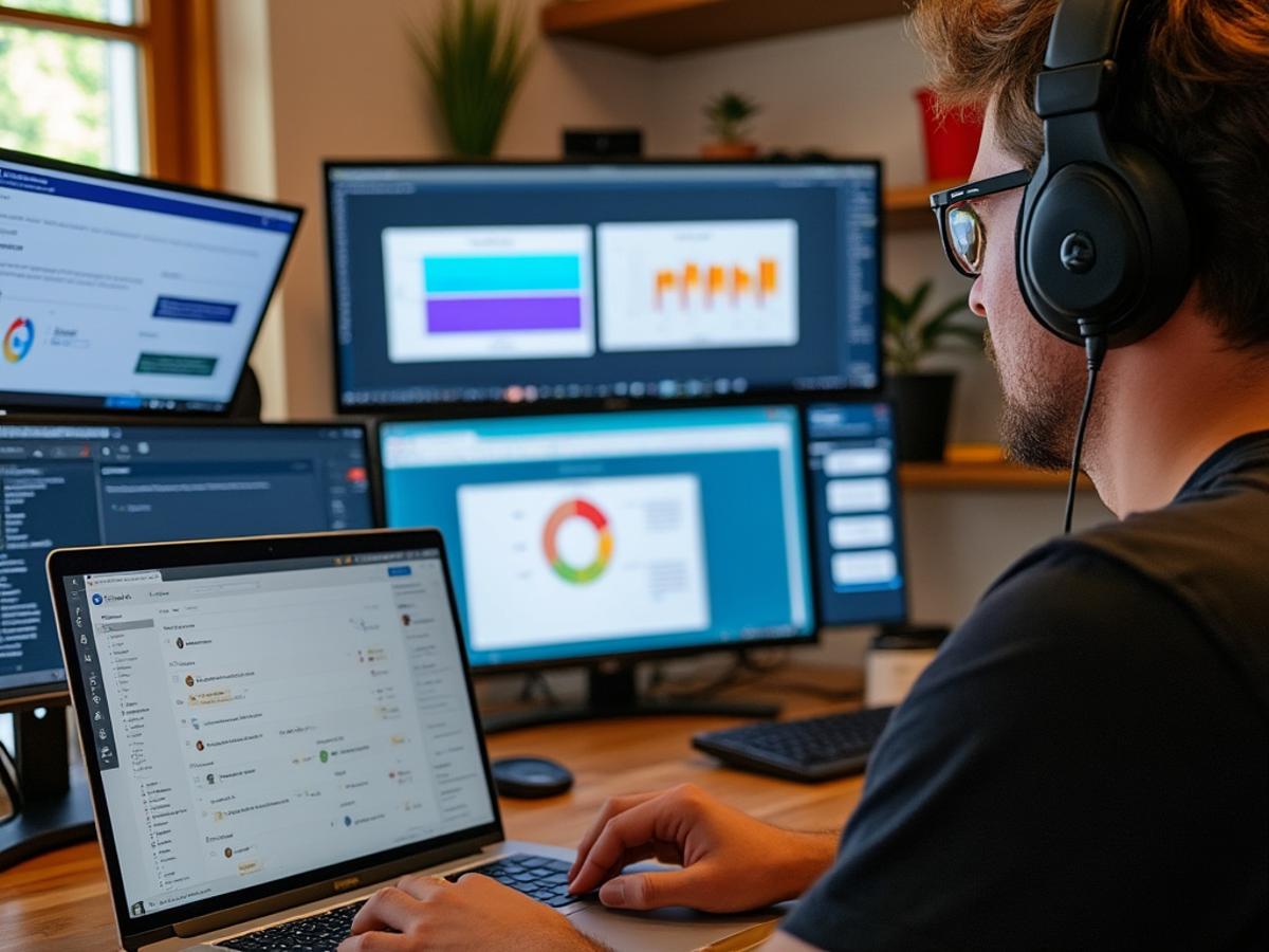 This image will illustrate the practical application of technology in managing a virtual assistant business, making the section on technology more relatable and engaging.