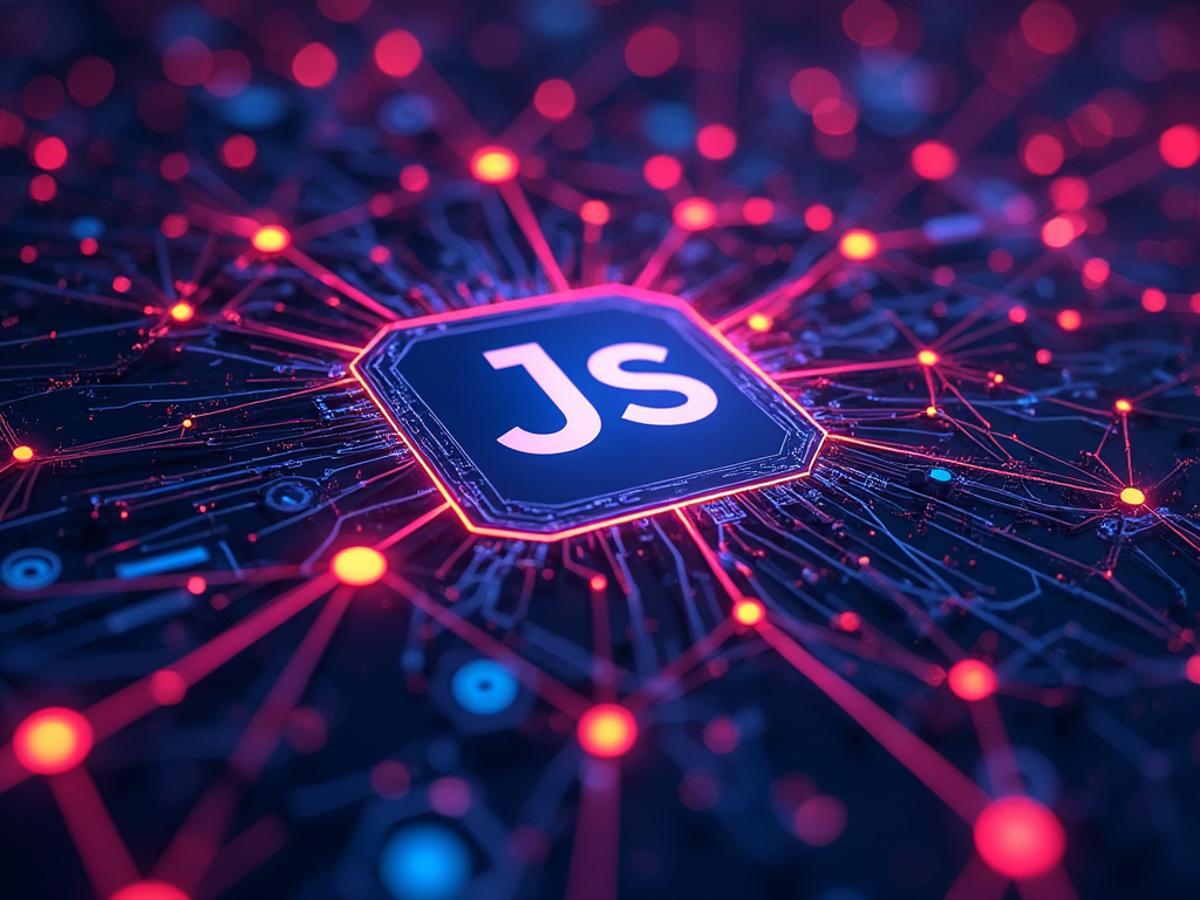 Complex web of JavaScript frameworks and tools, interconnected nodes, modern tech style, vibrant colors, high-tech feel.