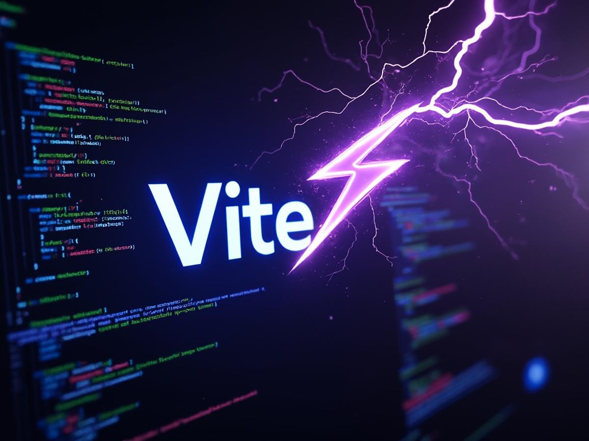 Vite logo transforming into a lightning bolt, striking through a bundle of code, clean, modern design, bright and energetic.