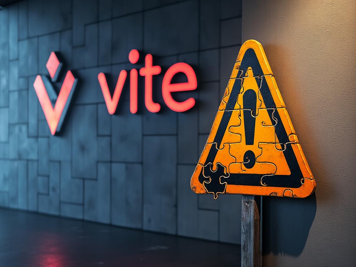 Warning sign with a puzzle piece, Vite logo in the background, slightly concerned developer, modern and clean design.