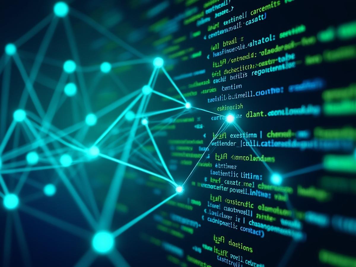 Abstract neural network diagram overlaid on code snippets. Clean, modern design, blue and green color scheme, focus on connections.