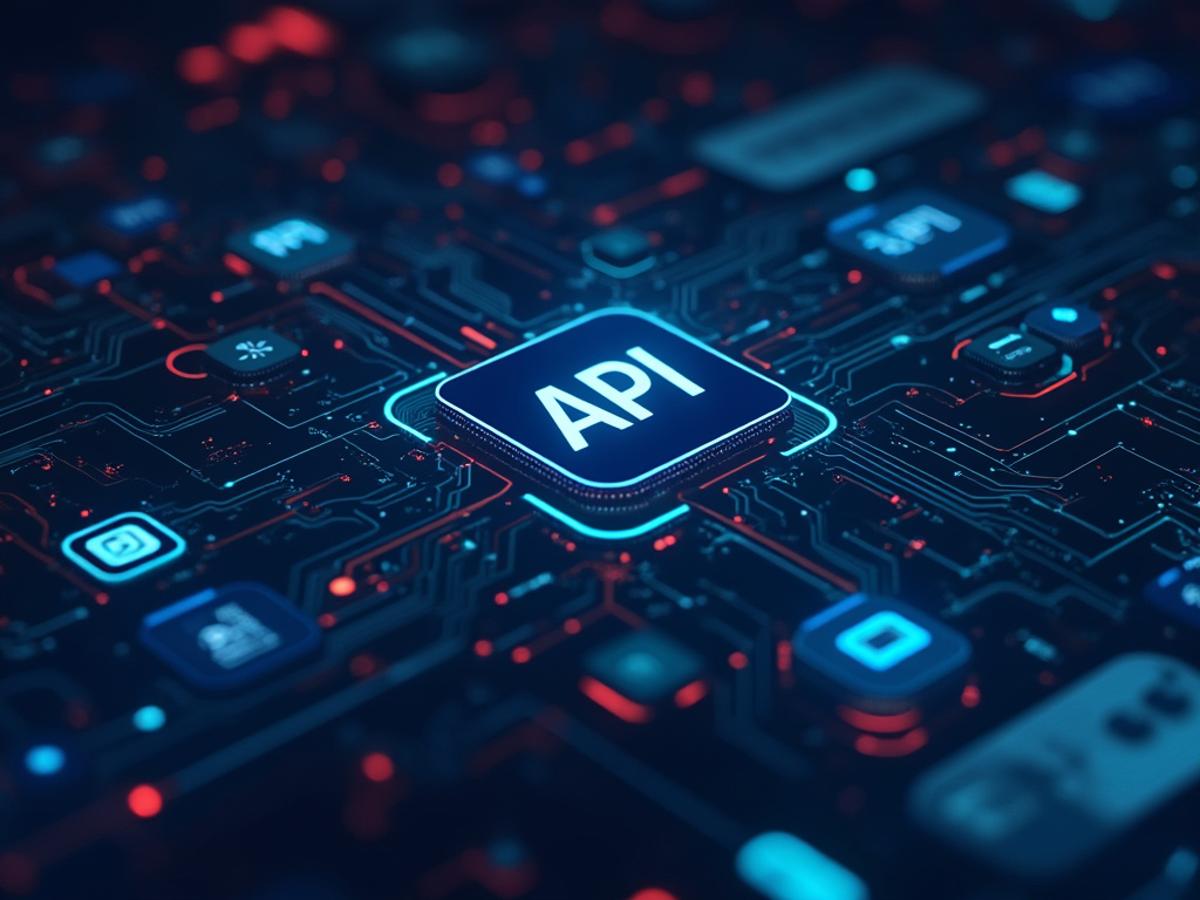 API integration interface, AI managing API connections. Clean interface, API icons, modern design, focus on management.