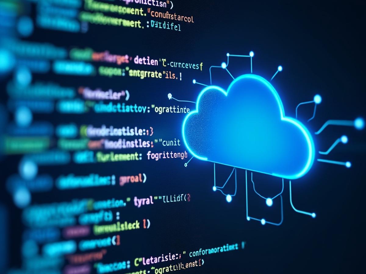 Code integrated with cloud-based development environment. Clean interface, cloud icons, modern design, focus on integration.