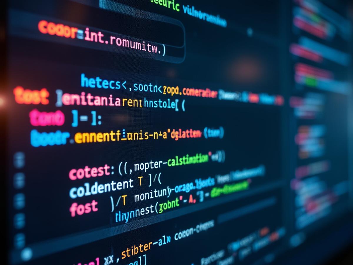 Code with security vulnerabilities highlighted, AI providing remediation suggestions. Clean code, security indicators, modern design.